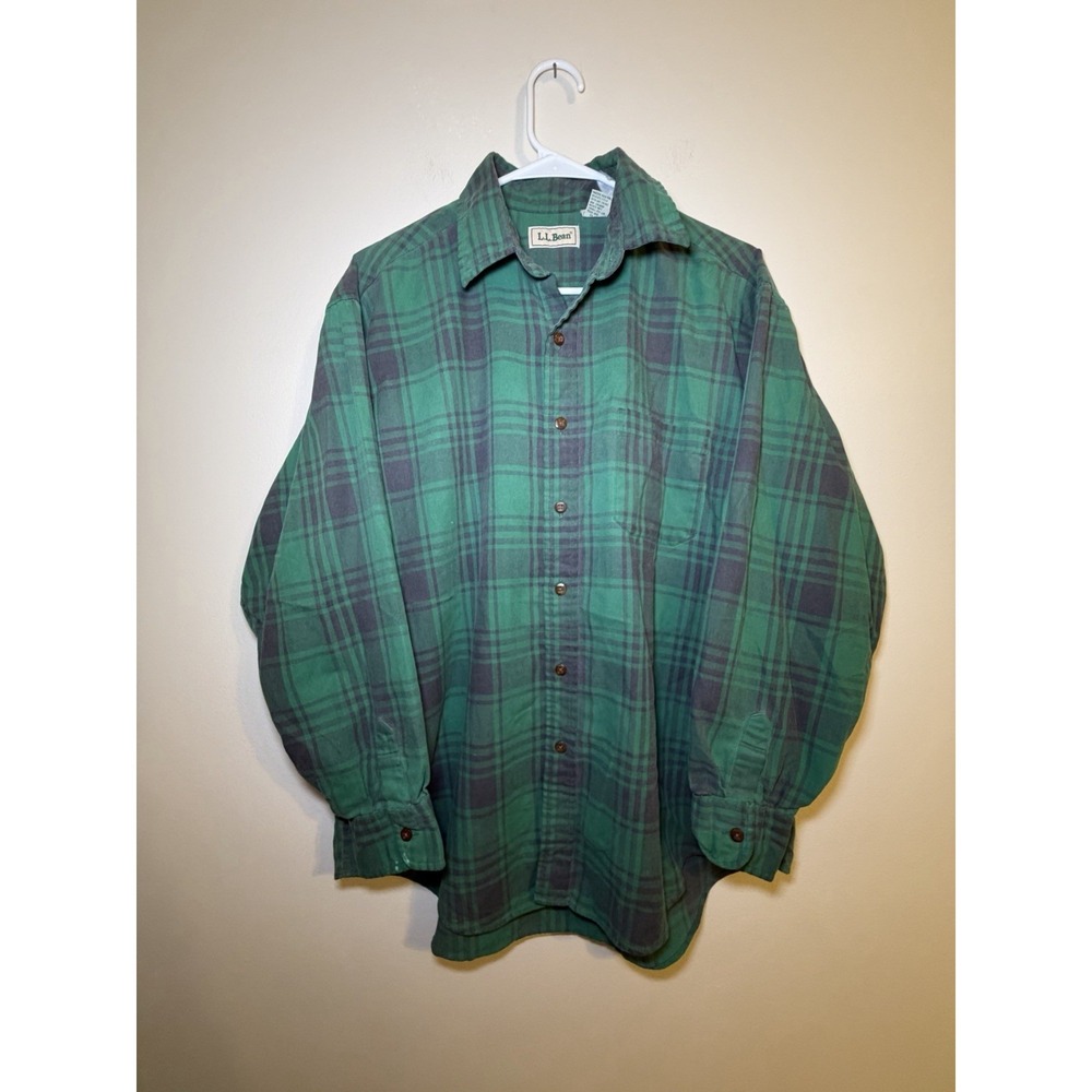 L.L.‎ Bean Vintage Men's Large Regular Plaid Shirt Button Down Green Worn Flaws